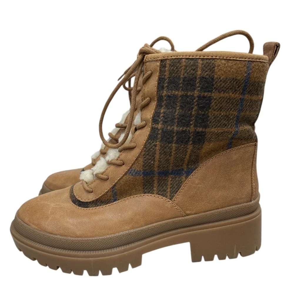 Lucky Brand Tan and Plaid Lace-Up Boots